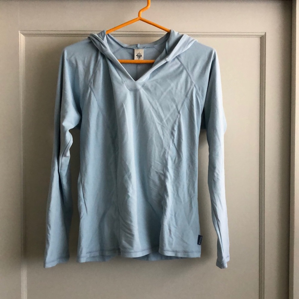 Prana light blue hooded micro fleece long sleeve shirt (medium)